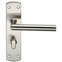 Loops Mitred Lever on Bathroom Backplate Door Handle Thumbturn Lock Satin Steel in Metallics