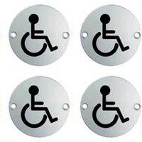 Loops 4x Bathroom Door Disabled Symbol Sign 64mm Fixing Centres 76mm Dia Steel in Metallics