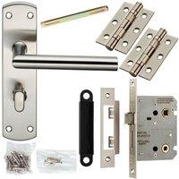 Loops Door Handle & Bathroom Lock Pack Satin Nickel Modern Mitred Round Bar Backplate in Metallics