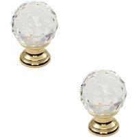 Loops 2x Faceted Crystal Cupboard Door Knob 35mm Dia Polished Brass Cabinet Handle in Metallics