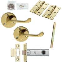 Loops Door Handle & Latch Pack Brass Victorian Scroll Curved Screwless Round Rose in Metallics