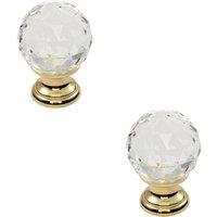 Loops 2x Faceted Crystal Cupboard Door Knob 25mm Dia Polished Brass Cabinet Handle in Metallics