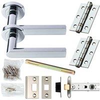 Loops Door Handle & Latch Pack Chrome Modern Flat Square Bar on Screwless Round Rose