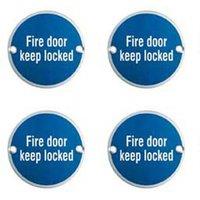Loops 4x Fire Door Keep Locked Sign 64mm Fixing Centres 76mm Dia Polished Steel in Metallics