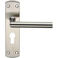 Loops Mitred Lever Door Handle on Euro Lock Backplate 172 x 44mm Satin Steel in Metallics