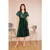 Yumi Women's Green Embellished Velvet Wrap Skater Midi Dress | Size: 8
