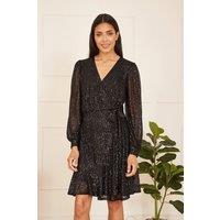 Mela Women's Black Sequin Long Sleeve Frill Wrap Dress | Size: 8