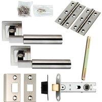 Loops Door Handle & Latch Pack Polished & Satin Steel Square Cut Bar Screwless Rose in Metallics