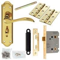 Loops Door Handle & Bathroom Lock Pack Brass Victorian Curved Thumbturn Backplate in Metallics