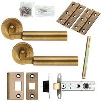 Loops Door Handle & Latch Pack Antique Brass Straight Round Bar Srewless Round Rose in Metallics