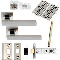 Loops Door Handle & Latch Pack Polished & Satin Steel Square Lever Screwless Rose in Metallics