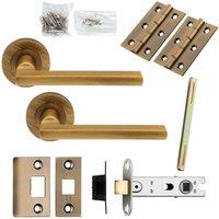 Loops Door Handle & Latch Pack Antique Brass Plinth Mounted Bar Screwless Round Rose in Metallics