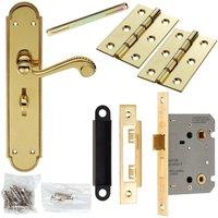 Loops Door Handle & Bathroom Lock Pack Brass Victorian Scroll Lever Turn Backplate in Metallics