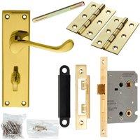 Loops Door Handle & Bathroom Lock Pack Brass Victorian Scroll Lever Backplate in Metallics