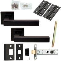 Loops Door Handle & Latch Pack Matt Black Cube Straight Lever Screwless Square Rose
