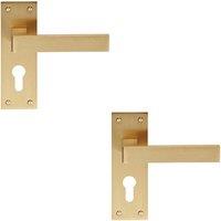 Loops 2x PAIR Straight Square Handle on Euro Lock Backplate 150 x 50mm Satin Brass in Metallics