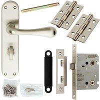 Loops Door Handle & Bathroom Lock Pack Satin Chrome Smooth Flared Lever Backplate