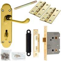 Loops Door Handle & Bathroom Lock Pack Brass Victorian Lever Thumbturn Backplate in Metallics