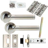 Loops Door Handle & Latch Pack Polished & Satin Steel Cranked Bar Screwless Rose in Metallics
