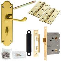 Loops Door Handle & Bathroom Lock Pack Brass Victorian Scroll Ornate Backplate in Metallics