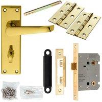 Loops Door Handle & Bathroom Lock Pack Brass Victorian Straight Thumbturn Backplate in Metallics