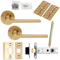 Loops Door Handle & Latch Pack Satin Brass Straight Round Bar Screwless Round Rose in Metallics