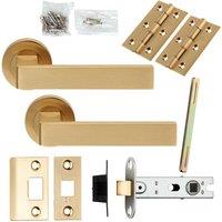 Loops Door Handle & Latch Pack Satin Brass Straight Lever Screwless Round Rose in Metallics