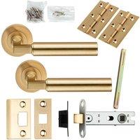 Loops Door Handle & Latch Pack Satin Brass Straight Round Lever Screwless Round Rose in Metallics