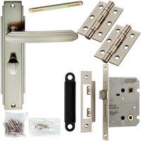 Loops Door Handle & Bathroom Lock Pack Satin Nickel Art Deco Detail Premium Backplate in Metallics