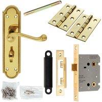 Loops Door Handle & Bathroom Lock Pack Brass Scroll Lever Thumb Reeded Backplate in Metallics