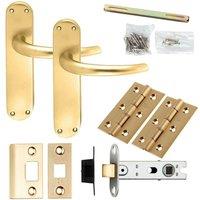 Loops Door Handle & Latch Pack Satin Brass Slim Round Bar Lever Curved Backplate in Metallics