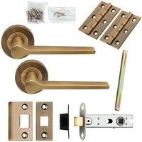 Loops Door Handle & Latch Pack Antique Brass Rounded Lever Screwless Round Rose in Metallics