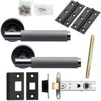 Loops Door Handle & Latch Pack Matt Black Knurled Round Lever Screwless Round Rose