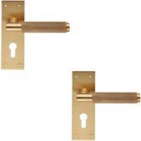 Loops 2x PAIR Knurled Round Handle on Slim Euro Lock Backplate 150 x 50mm Satin Brass in Metallics