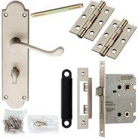 Loops Door Handle & Bathroom Lock Pack Satin Chrome Victorian Scroll Ornate Backplate