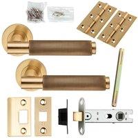 Loops Door Handle & Latch Pack Satin Brass Knurled Round Lever Screwless Round Rose in Metallics