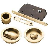 Loops Sliding Bathroom Door Flush Pull Set Turn & Release Lock Satin Brass in Metallics
