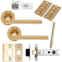 Loops Door Handle & Latch Pack Satin Brass Plinth Mounted Bar Screwless Round Rose in Metallics