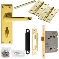 Loops Door Handle & Bathroom Lock Pack Brass Victorian Straight Thumbturn Backplate in Metallics