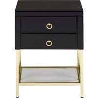 Orsina Black 2 Drawer Side Table, Gloss Finish Bedside Table With Gold Legs, Mirrored Glass Top Nightstand