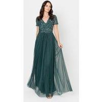 Maya Deluxe Women's Short Sleeve V Neck Embellished Maxi Dress in Emerald | Size: 12