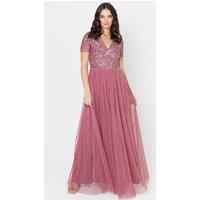 Maya Deluxe Women's Short Sleeve V Neck Embellished Maxi Dress in Rose | Size: 10