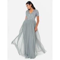 Maya Deluxe Women's Short Sleeve V Neck Embellished Maxi Dress in Teal | Size: 16