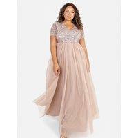 Maya Deluxe Women's Short Sleeve V Neck Embellished Maxi Dress in Taupe | Size: 24