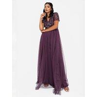 Maya Deluxe Women's Short Sleeve V Neck Embellished Maxi Dress in Grape | Size: 8
