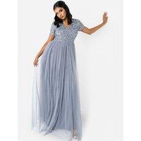 Maya Deluxe Women's Short Sleeve V Neck Embellished Maxi Dress in Blue | Size: 12