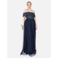 Maya Deluxe Women's Bardot Embellished Maxi Dress in Dark Navy | Size: 26