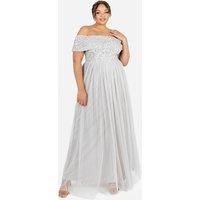 Maya Deluxe Women's Bardot Embellished Maxi Dress in Grey | Size: 24