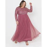 Maya Deluxe Women's Embellished Long Sleeve Maxi Dress in Rose | Size: 26