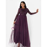 Maya Deluxe Women's Embellished Long Sleeve Maxi Dress in Grape | Size: 8